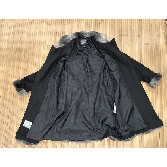 Rothschild Black Winter Dress Coat W/ Black & Gray Faux Fur Trim Sz 10 Girl